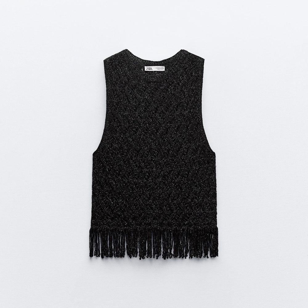 Metallic knitted fringe tank top